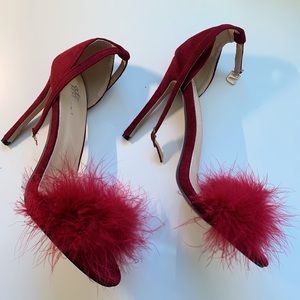 Size 11 Women's Open Toe Ankle Strap Fluffy Suede Stilettos